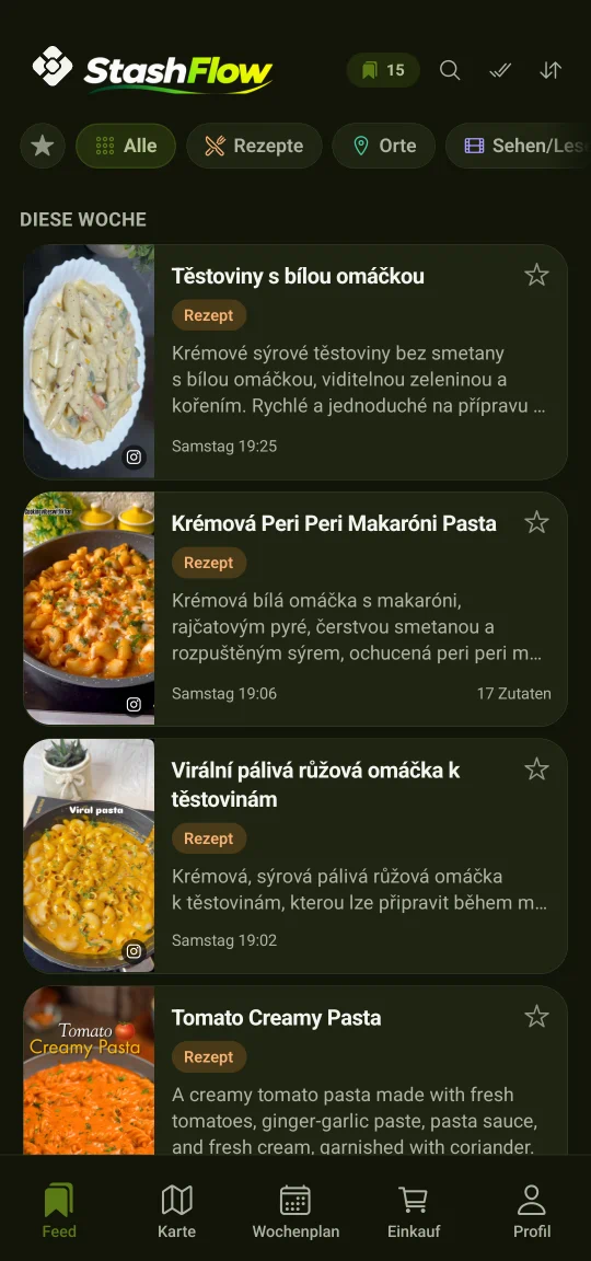Gespeicherte Einträge in der App: ein aus TikTok geteiltes Rezept als Karte mit Foto, darunter ein gespeichertes Lokal und ein Buch — alles schon nach Art einsortiert, ohne Handarbeit.