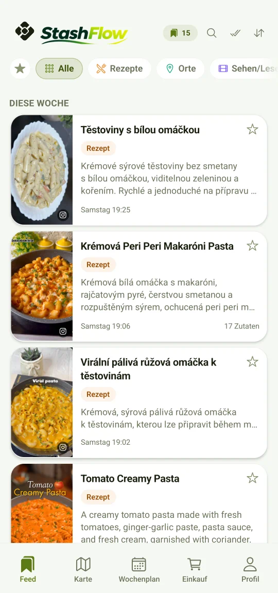 Gespeicherte Einträge in der App: ein aus TikTok geteiltes Rezept als Karte mit Foto, darunter ein gespeichertes Lokal und ein Buch — alles schon nach Art einsortiert, ohne Handarbeit.