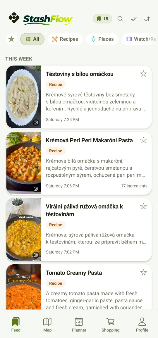 Des éléments enregistrés dans l'app : une recette partagée depuis TikTok, en fiche avec sa photo, un restaurant enregistré et un livre en dessous — chacun déjà classé par type, sans rien trier à la main.