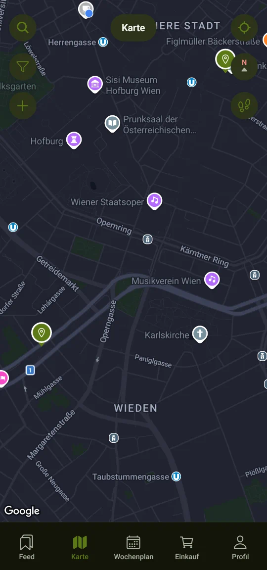 Eine private Karte gespeicherter Orte: Nadeln für Lokale und Cafés über eine Stadt verteilt, eine davon ausgewählt mit Namen, Adresse und Route. Sonst sieht sie niemand.