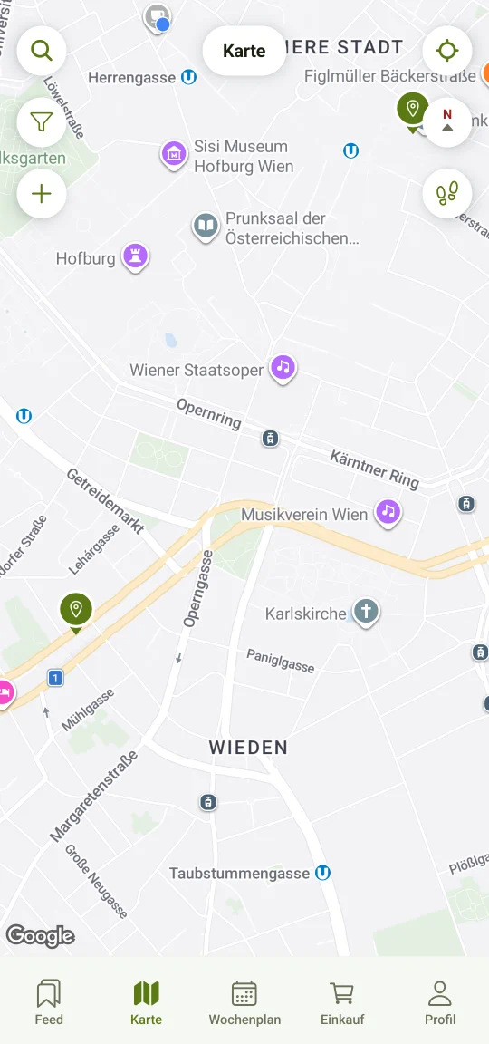 Eine private Karte gespeicherter Orte: Nadeln für Lokale und Cafés über eine Stadt verteilt, eine davon ausgewählt mit Namen, Adresse und Route. Sonst sieht sie niemand.
