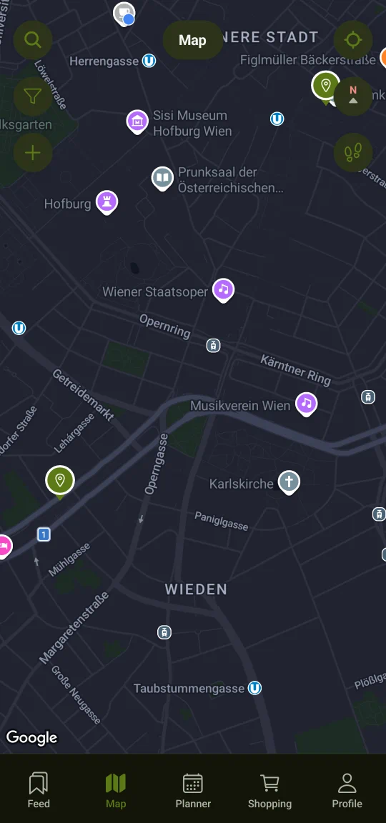 Una mappa privata di luoghi salvati: segnaposti di ristoranti e bar in giro per la città, uno selezionato mostra nome, indirizzo e indicazioni. Nessun altro la vede.