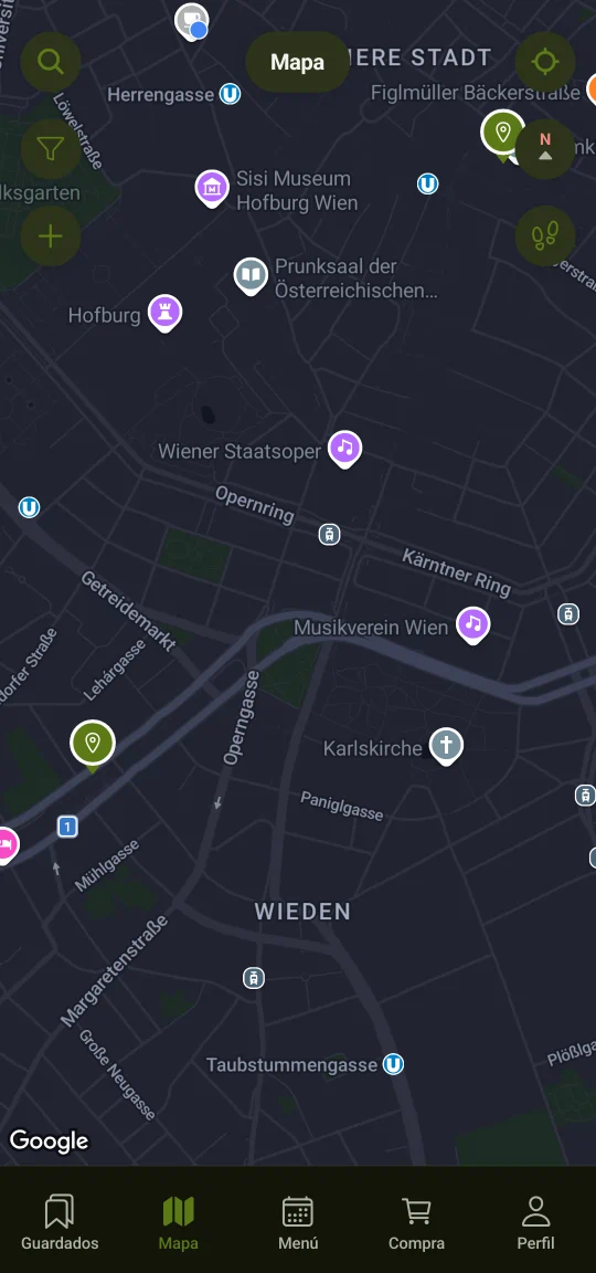Un mapa privado de sitios guardados: chinchetas de restaurantes y cafeterías por una ciudad, una seleccionada con su nombre, su dirección y la ruta. No lo ve nadie más.