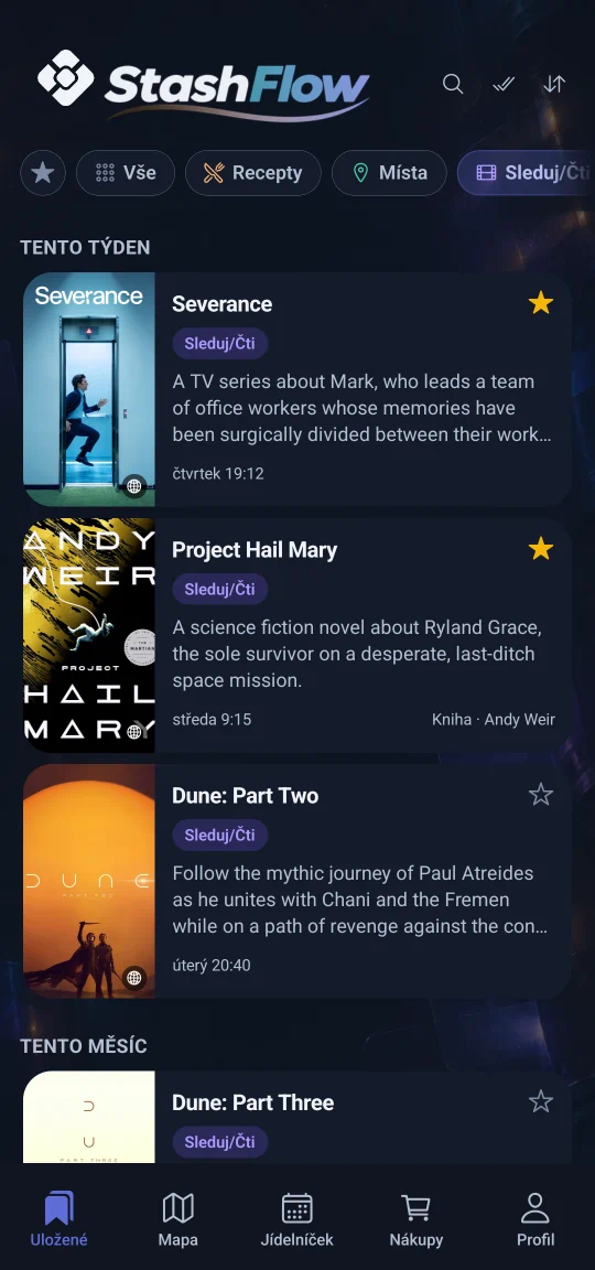 Filmotéka ve vzhledu Cinema Orbit: feed přepnutý na filtr Sleduj/Čti, pod sebou karty seriálu a filmů s plakátem, krátkým popisem a hvězdičkou u oblíbených — co tě ještě čeká, na jednom místě.