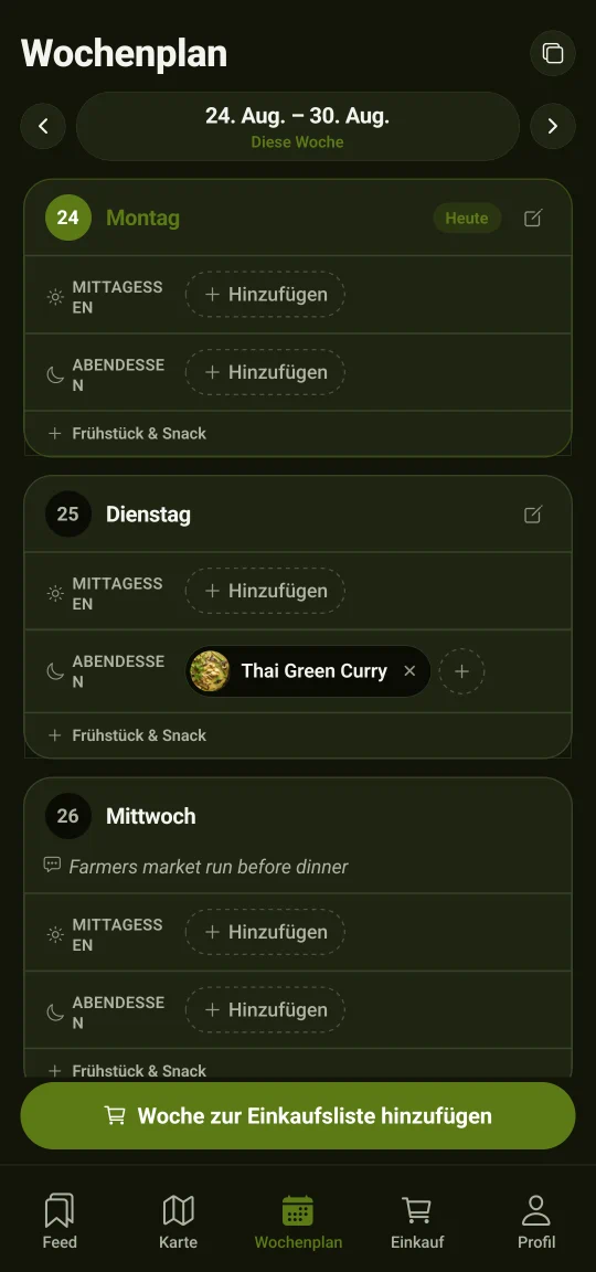 Ein Wochenplan fürs Essen: die Tage untereinander, jeder mit Frühstück, Mittag- und Abendessen samt Rezepten — eine ganze Woche, die in einem Zug auf die Einkaufsliste geht.
