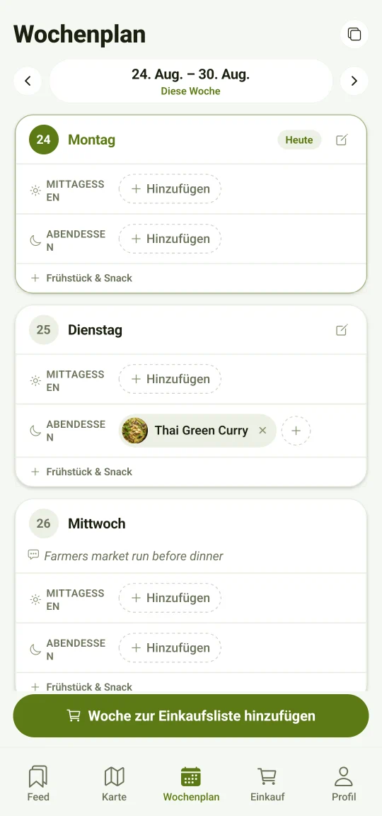 Ein Wochenplan fürs Essen: die Tage untereinander, jeder mit Frühstück, Mittag- und Abendessen samt Rezepten — eine ganze Woche, die in einem Zug auf die Einkaufsliste geht.