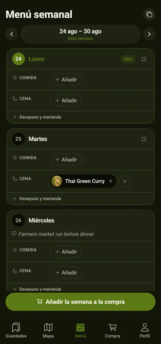Un menú semanal: los días en columna, cada uno con desayuno, comida y cena llenos de recetas; una semana entera que pasa a la lista de la compra de una vez.