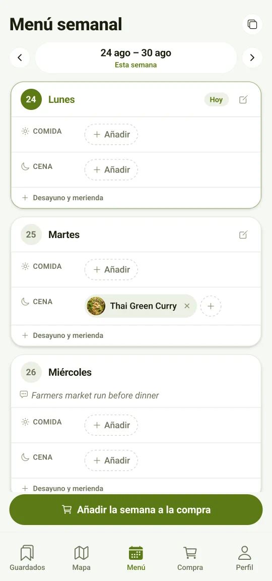 Un menú semanal: los días en columna, cada uno con desayuno, comida y cena llenos de recetas; una semana entera que pasa a la lista de la compra de una vez.