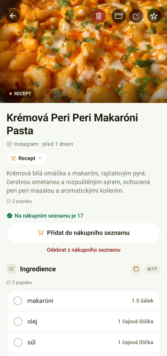 Recept vytažený z videa: fotka jídla, pod ní seznam ingrediencí s množstvím a postup po krocích, a tlačítko, které ingredience pošle rovnou do nákupního seznamu.