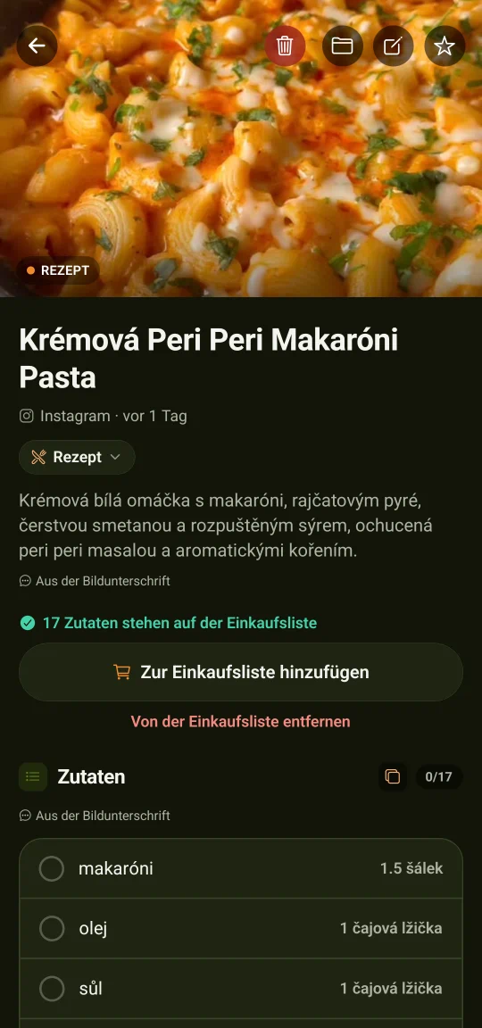 Ein aus dem Video herausgeholtes Rezept: ein Foto des Gerichts, darunter die Zutatenliste mit Mengen und die Zubereitung, dazu ein Knopf, der die Zutaten direkt auf die Einkaufsliste schickt.
