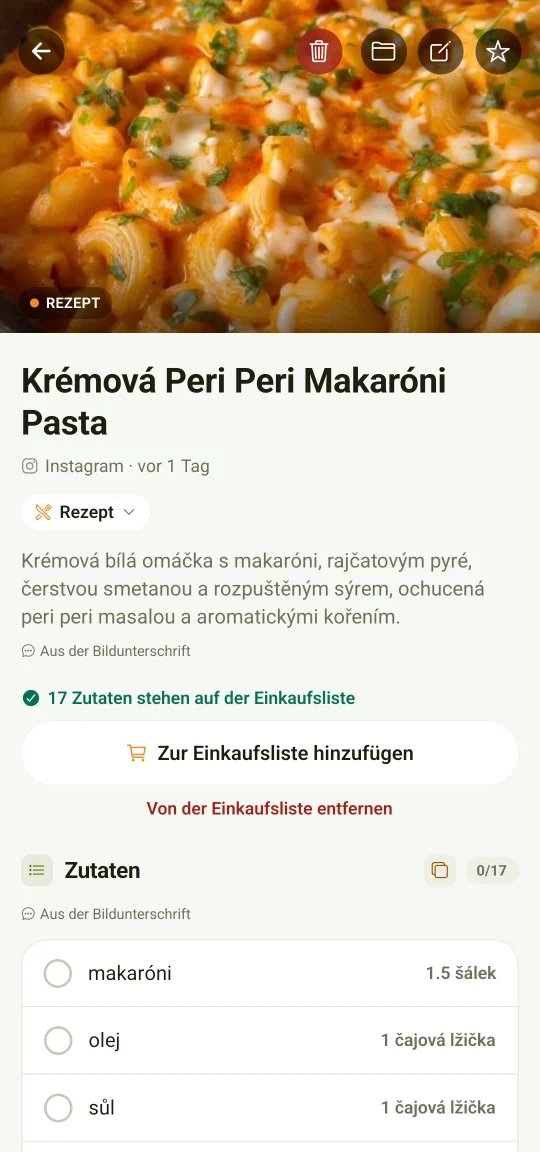 Ein aus dem Video herausgeholtes Rezept: ein Foto des Gerichts, darunter die Zutatenliste mit Mengen und die Zubereitung, dazu ein Knopf, der die Zutaten direkt auf die Einkaufsliste schickt.