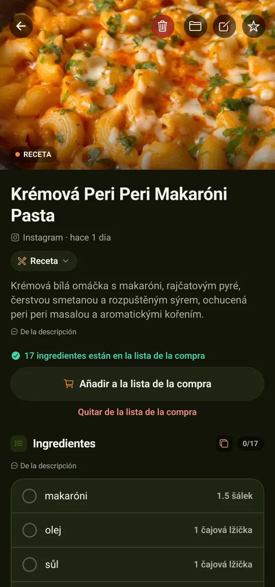 Una receta sacada de un vídeo: la foto del plato, debajo la lista de ingredientes con cantidades y los pasos, y un botón que manda los ingredientes directos a la lista de la compra.
