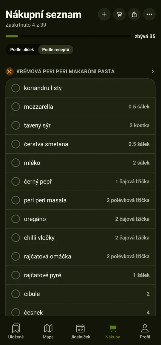 Nákupní seznam seřazený podle uliček obchodu, ne podle receptů: u každé položky množství, koupené jsou odškrtnuté — krám tak projdeš jednou.