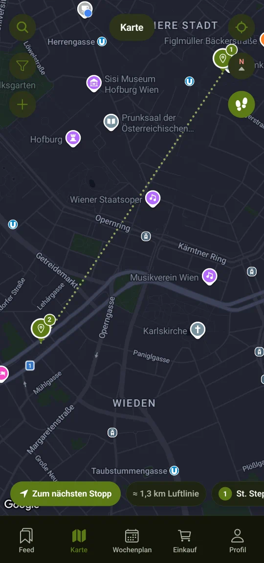 Tourmodus: mehrere gespeicherte Orte zu einem Weg verbunden, die Stationen in der Reihenfolge nummeriert, in der man sie ablaufen würde.