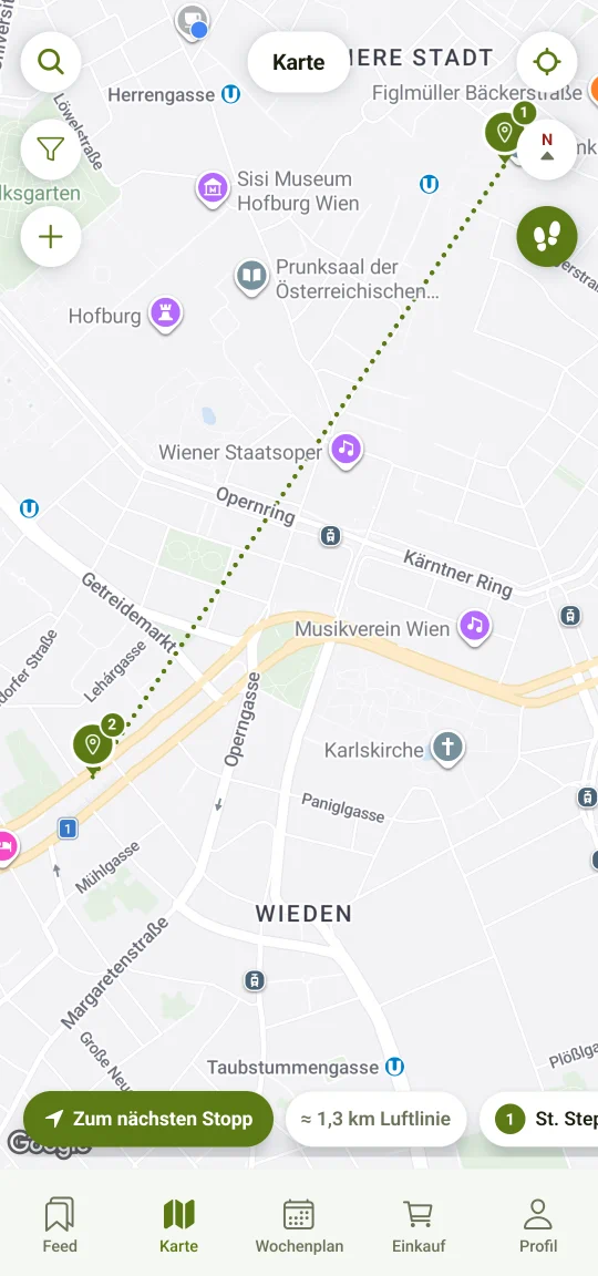 Tourmodus: mehrere gespeicherte Orte zu einem Weg verbunden, die Stationen in der Reihenfolge nummeriert, in der man sie ablaufen würde.