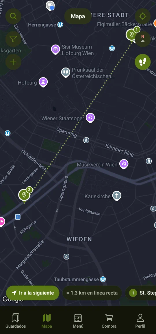 Modo viaje: varios lugares guardados unidos en un recorrido, con las paradas numeradas en el orden en que se recorrerían.