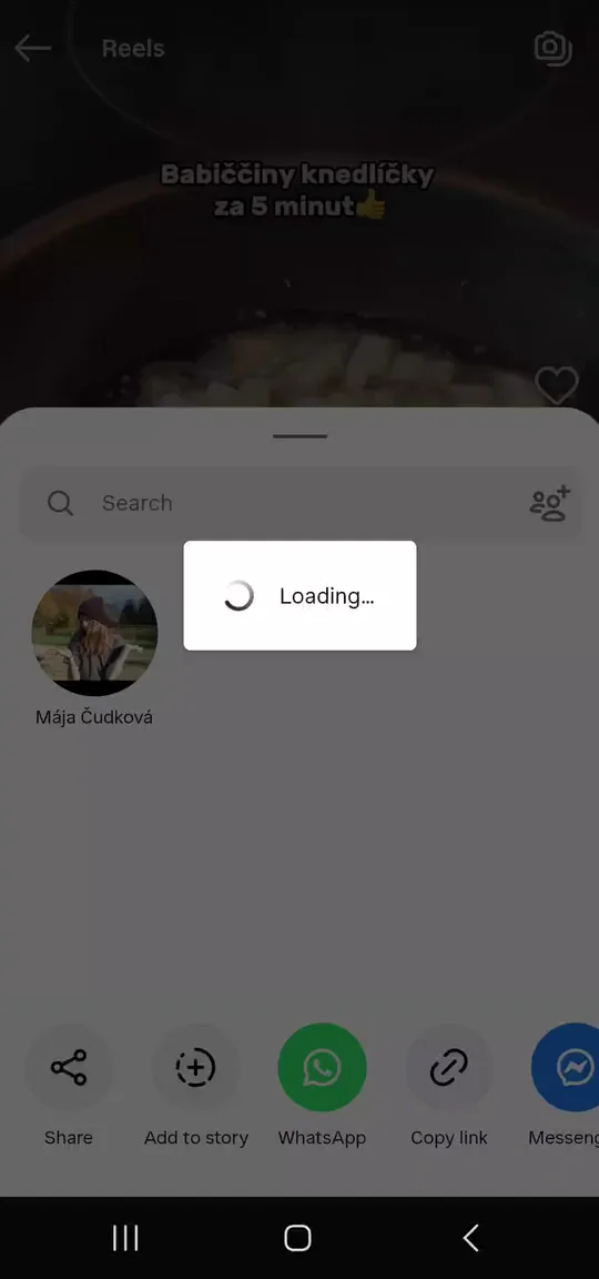 Una grabación de la app: se comparte un post con StashFlow, vuelve como receta con sus ingredientes y los ingredientes acaban en la lista de la compra.
